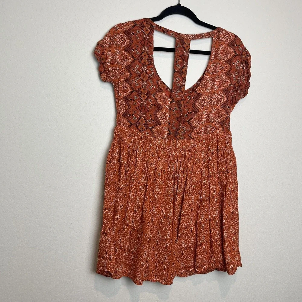 Free People Dress Womens XS Orange Geometric V Neck Button Front Backless Boho - Picture 5 of 7